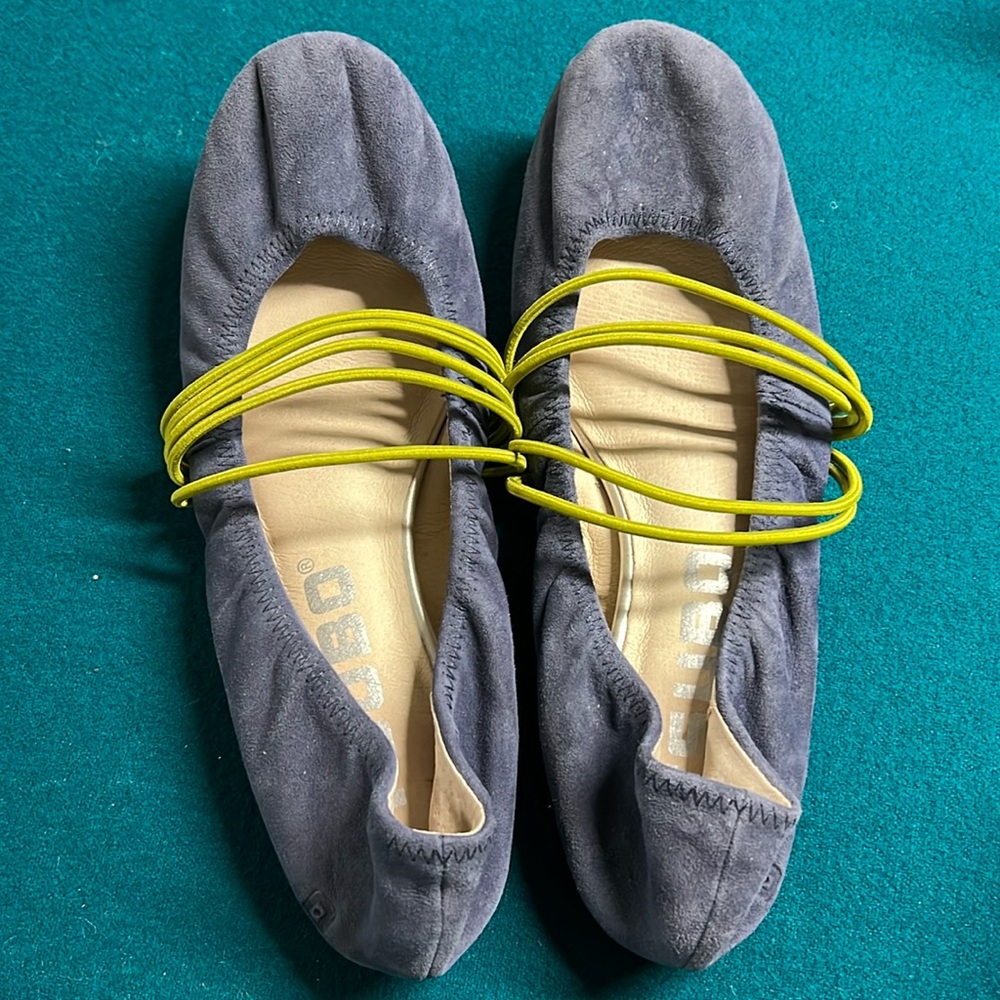 Tsubo flats blue suede with green straps. Fantastic condition maybe used 3x